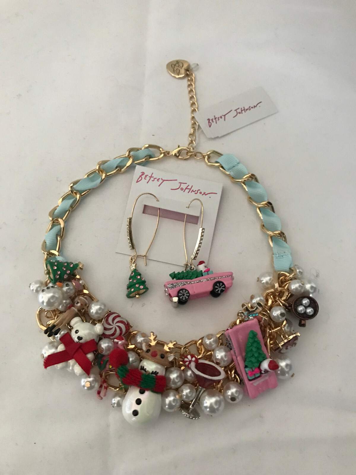 Betsey Johnson Christmas Tree Reindeer Snowman Statement Necklace Earrings New
