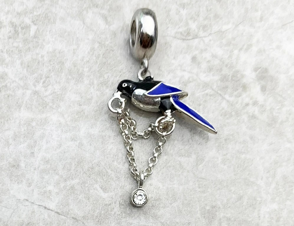 Magpie Bird Charm Pendant 925 Silver with Blue & Black Enamel