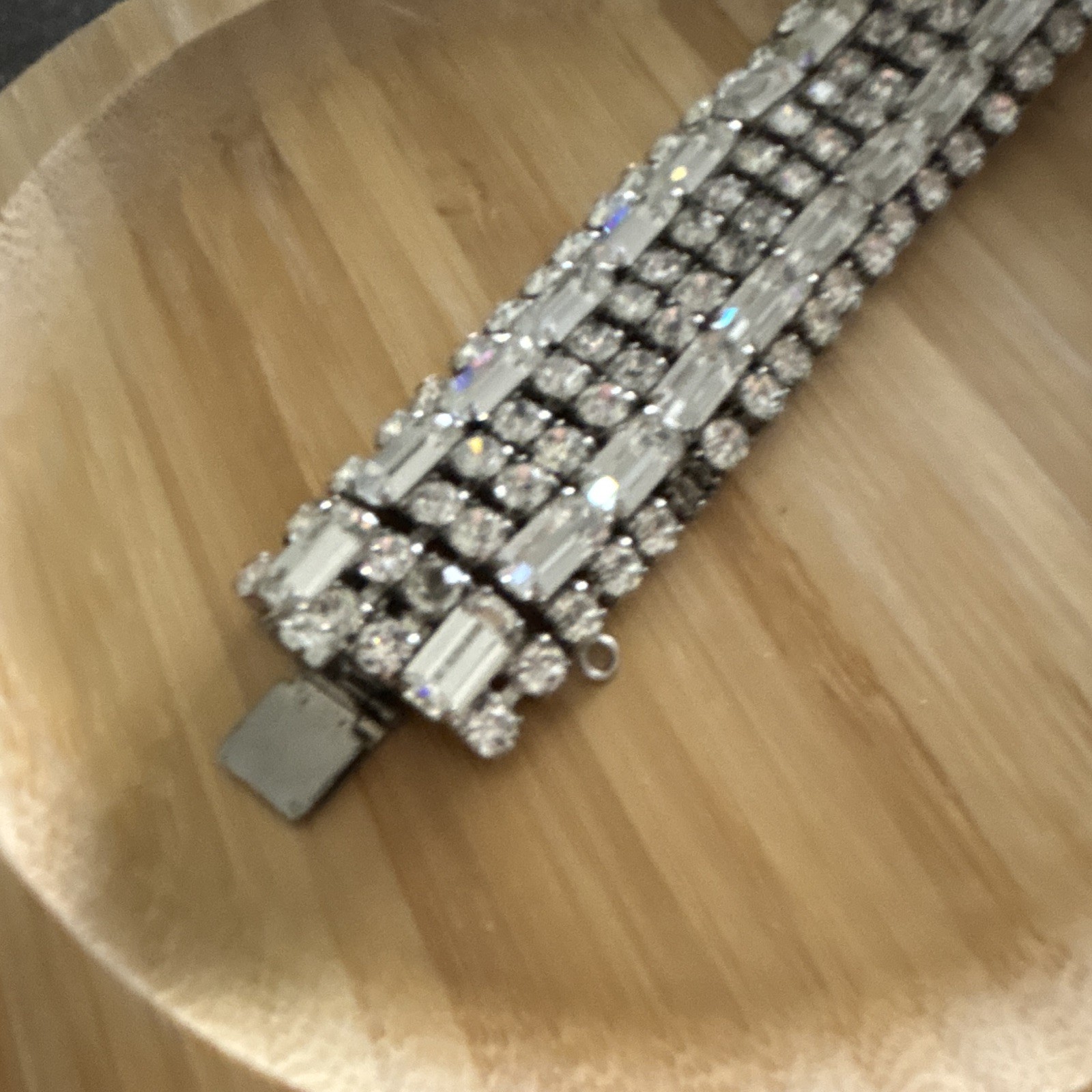 Estate Silver Tone Rhinestone Baguette Rectangle Wide Tennis Bracelet Clasp