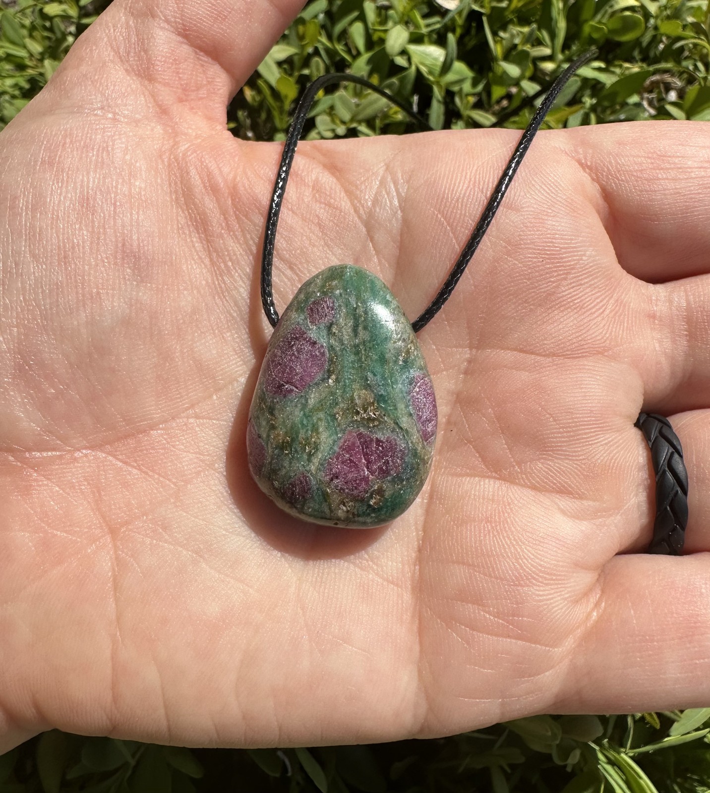 Ruby Fuschite Tumbled Pendant on Cord by New Moon Beginnings