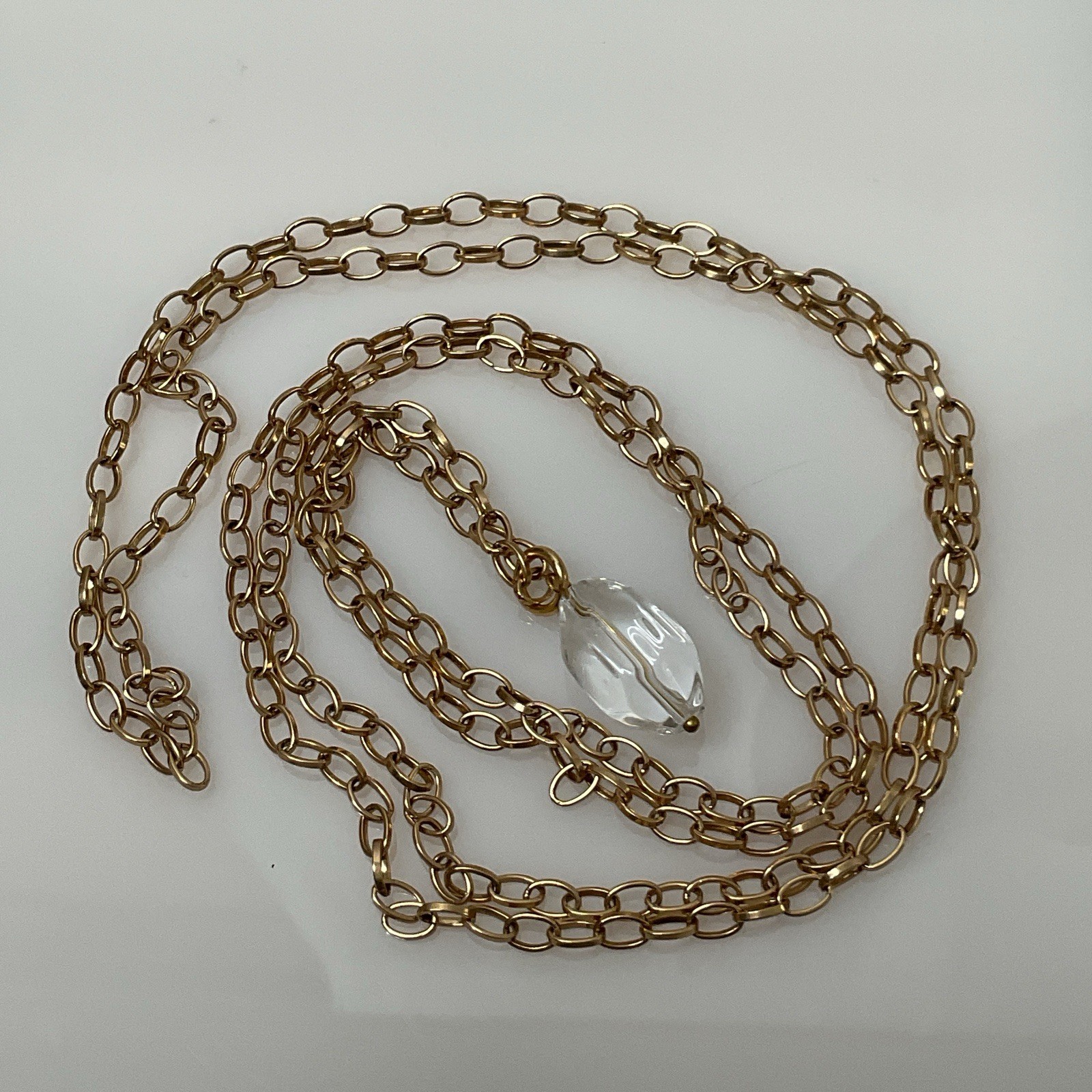 Long Gold Tone Chain Necklace Quartz Pendant 48” Layering Minimalist Light