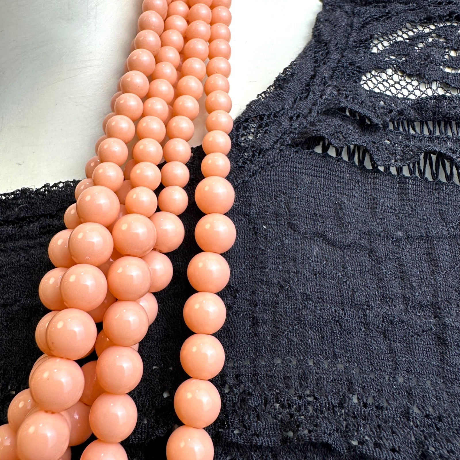 Vintage Peach Multi Strand Beaded Statement Necklace Salmon Pink 5 Tier Preppy