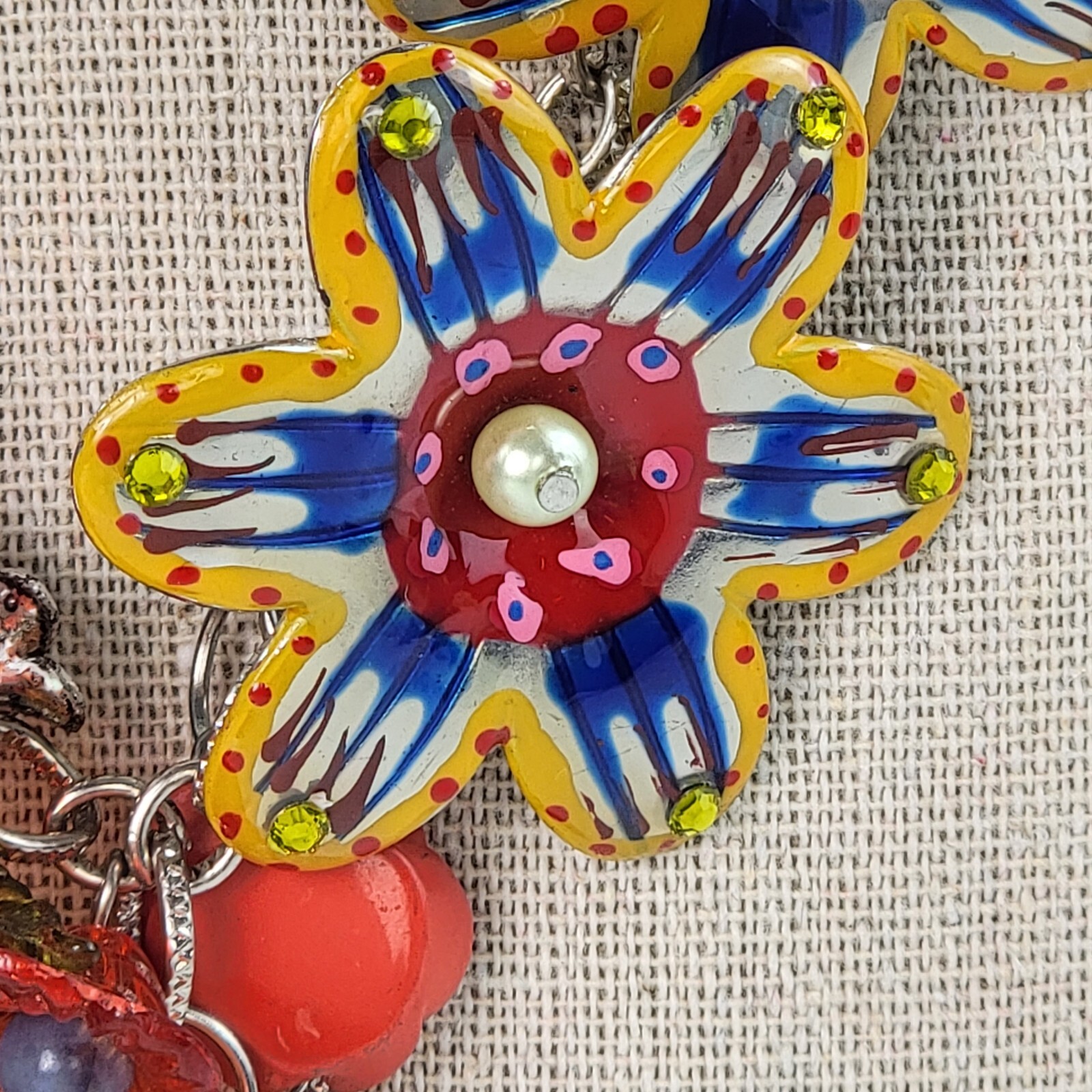 Multicolor Flowers Dangle Charm Necklace 21″ Silver-Tone Mixed-Materials Enamel