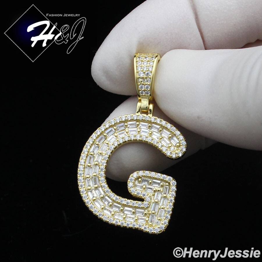 925 STERLING SILVER BLING BAGUETTE CZ GOLD PLATED INITIAL LETTER “G” PENDANT*412