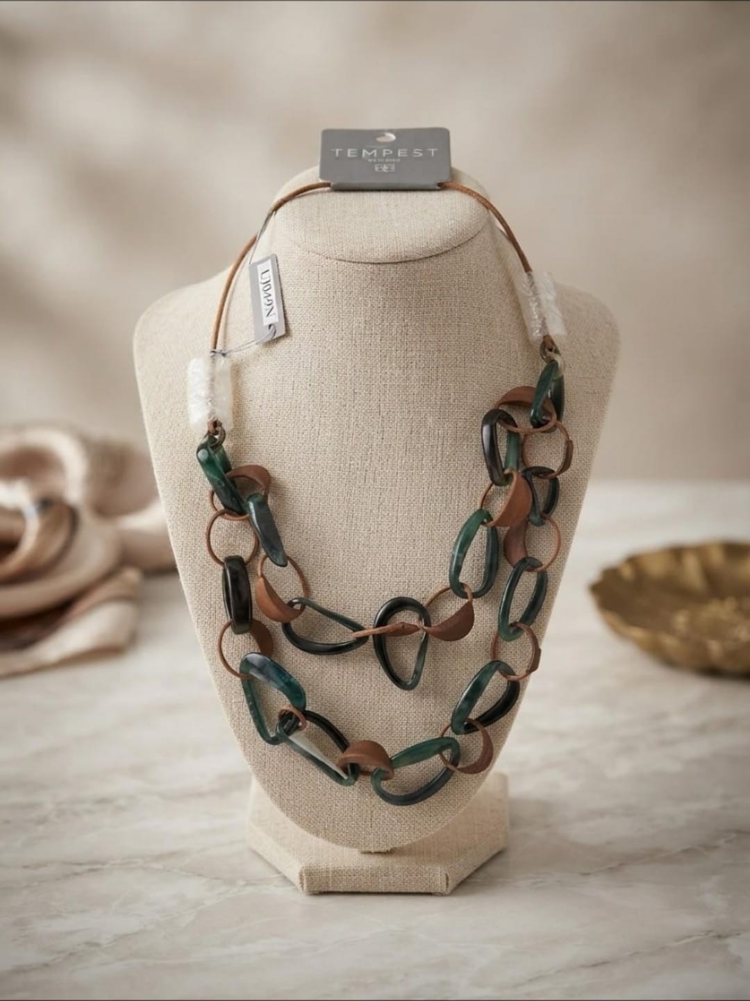 Tempest Designs Statement Necklace Layered Resin Leather Boho NWT UJ049N