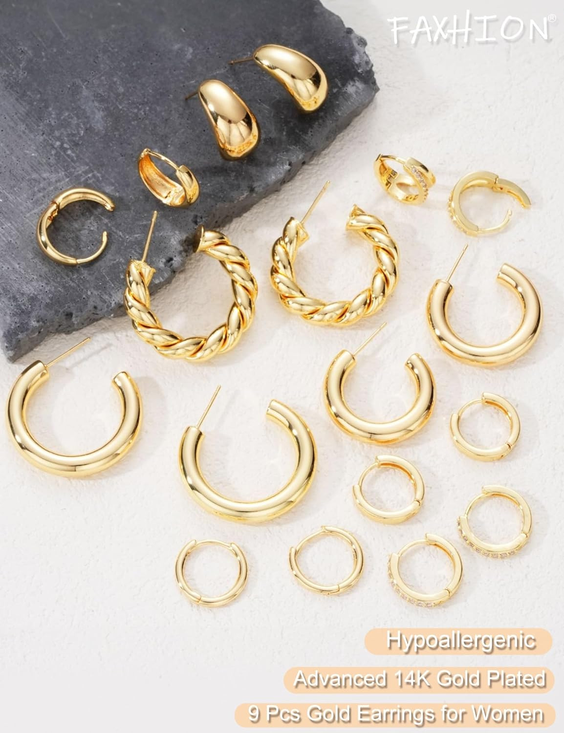 9 Pairs Gold Hoop Earrings for Women, 14K Gold Plated Chunky Hoop Earrings Set,