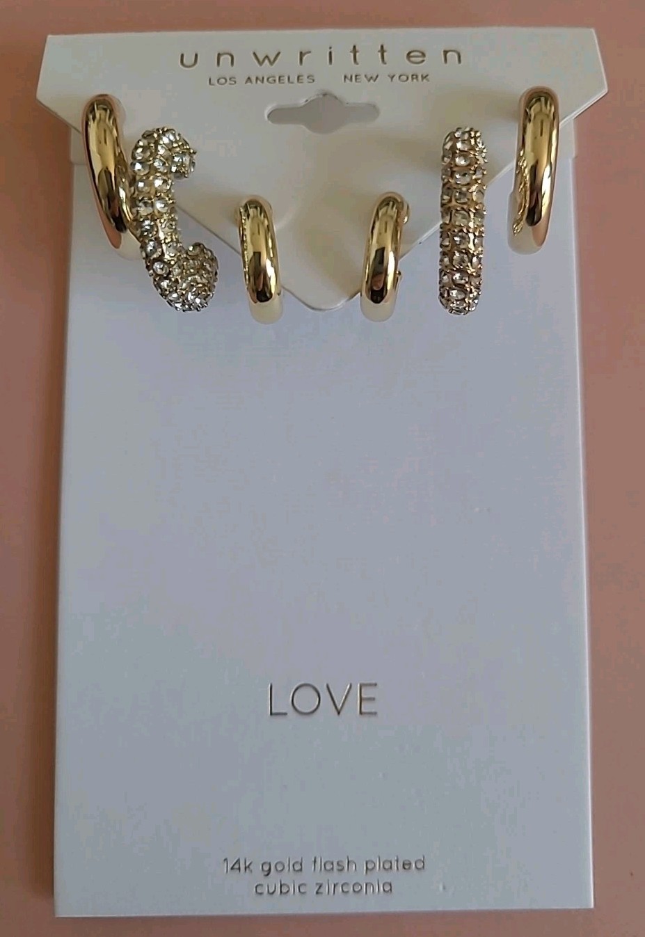 UNWRITTEN 3 Pair Set of 14k Gold Flash Plated & CZ Hoops & Huggies Earrings NWT