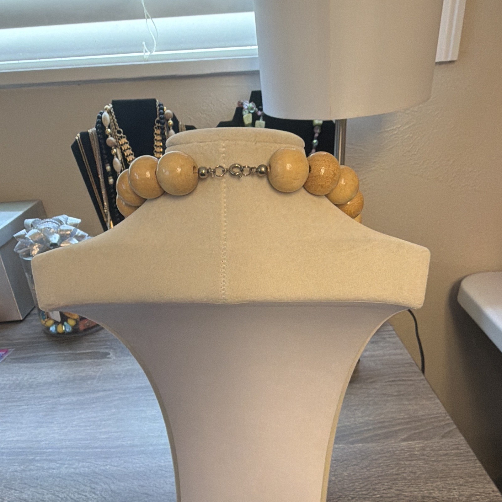 Vintage Chunky Pastel Wood Bead Statement Necklace Rainbow Accent