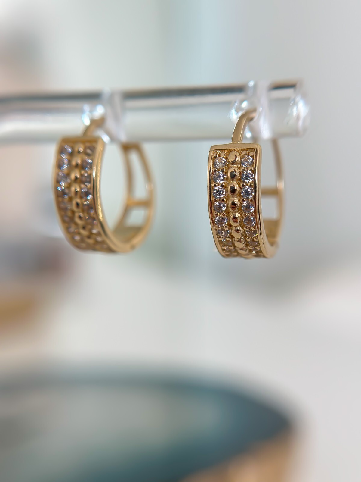 14K SOLID Gold Earrings Cubic Zirconia Huggies, 585 Yellow Gold for Her