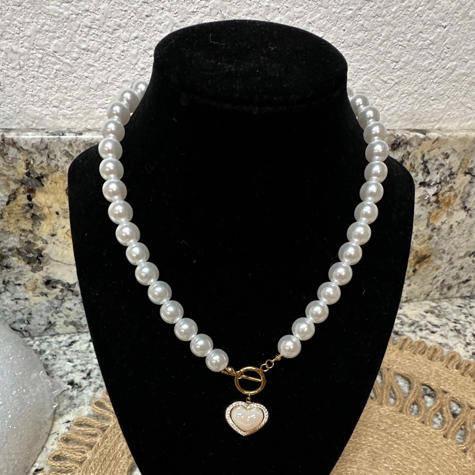White Faux Pearl Beaded Necklace, Gold Tone Toggle, Heart Charm Pendant