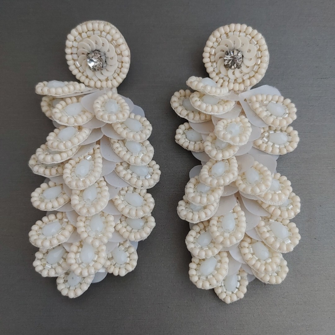 Off White Beaded Statement Earrings Sequins Cascading Teardrops 3″