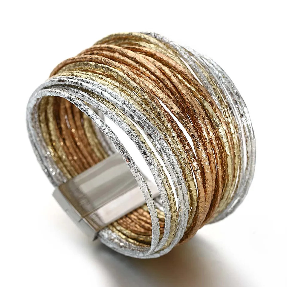 Triple Color Leather Wrap Bracelet Multilayer Slim Glitter Rope Chain Women
