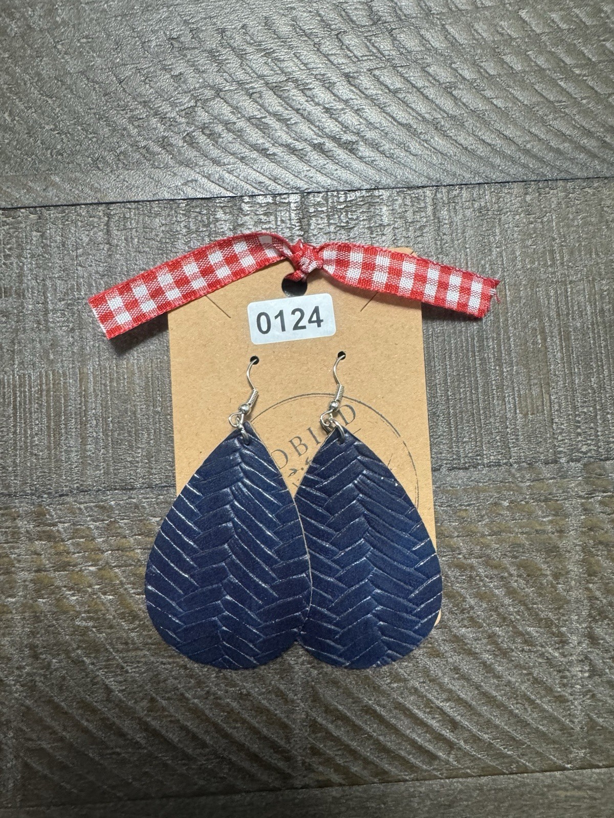 Estate sale costume jewelry Blue Faux Leather Teardrop Dangle earrings
