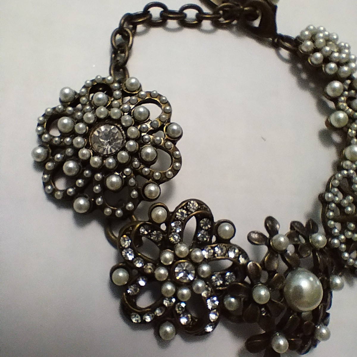 Plunder Design Signed Clear Rhinestone and Faux Pearl Bracelet with Extender