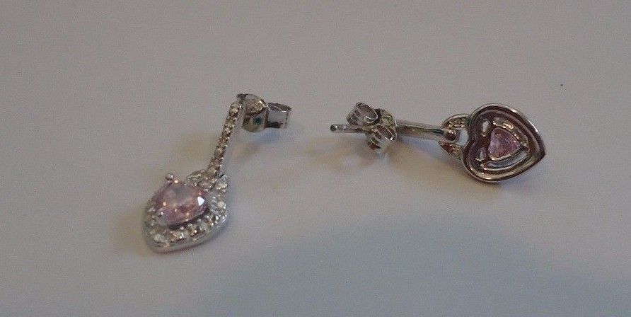 STERLING SILVER LADIES HEART SHAPE DANGLING EARRINGS PINK/WHT SIMULANT DIAMOND
