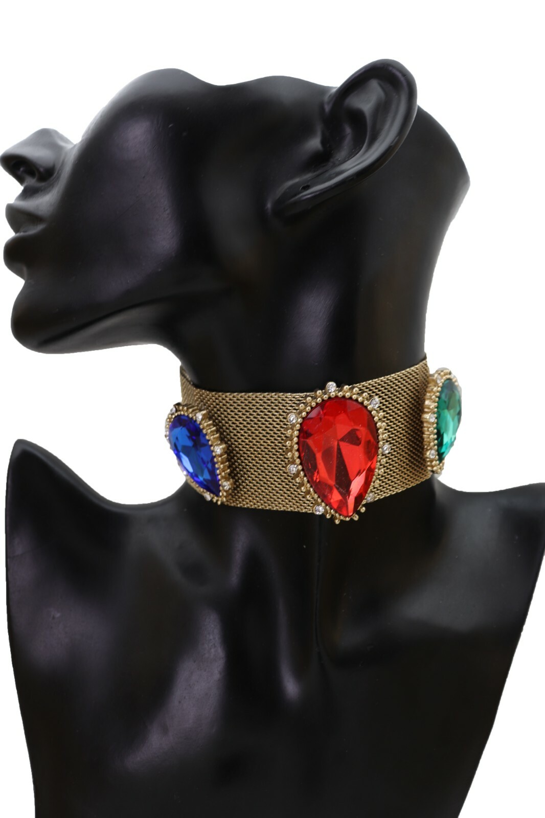 NEW Women Jewelry Gold Mesh Metal Choker Band Necklace Red Blue Green Crystals
