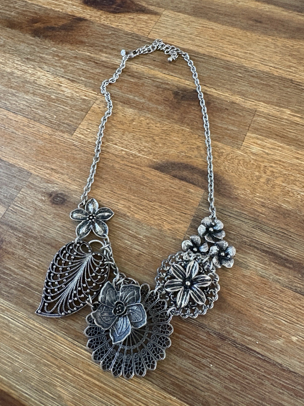 Plunder Statement Charm Necklace Key Locket Flower Faux Pearl + Floral Choker