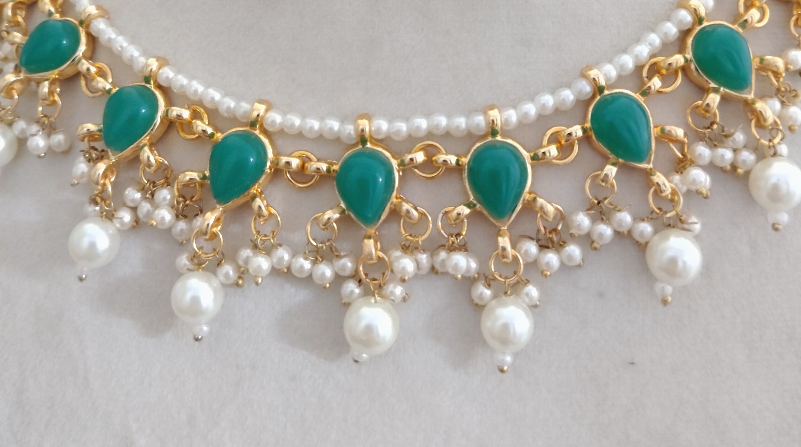 Authent Emerald Green Teardrop Pearl Necklace Set with Long Earrings Roz Jewelle