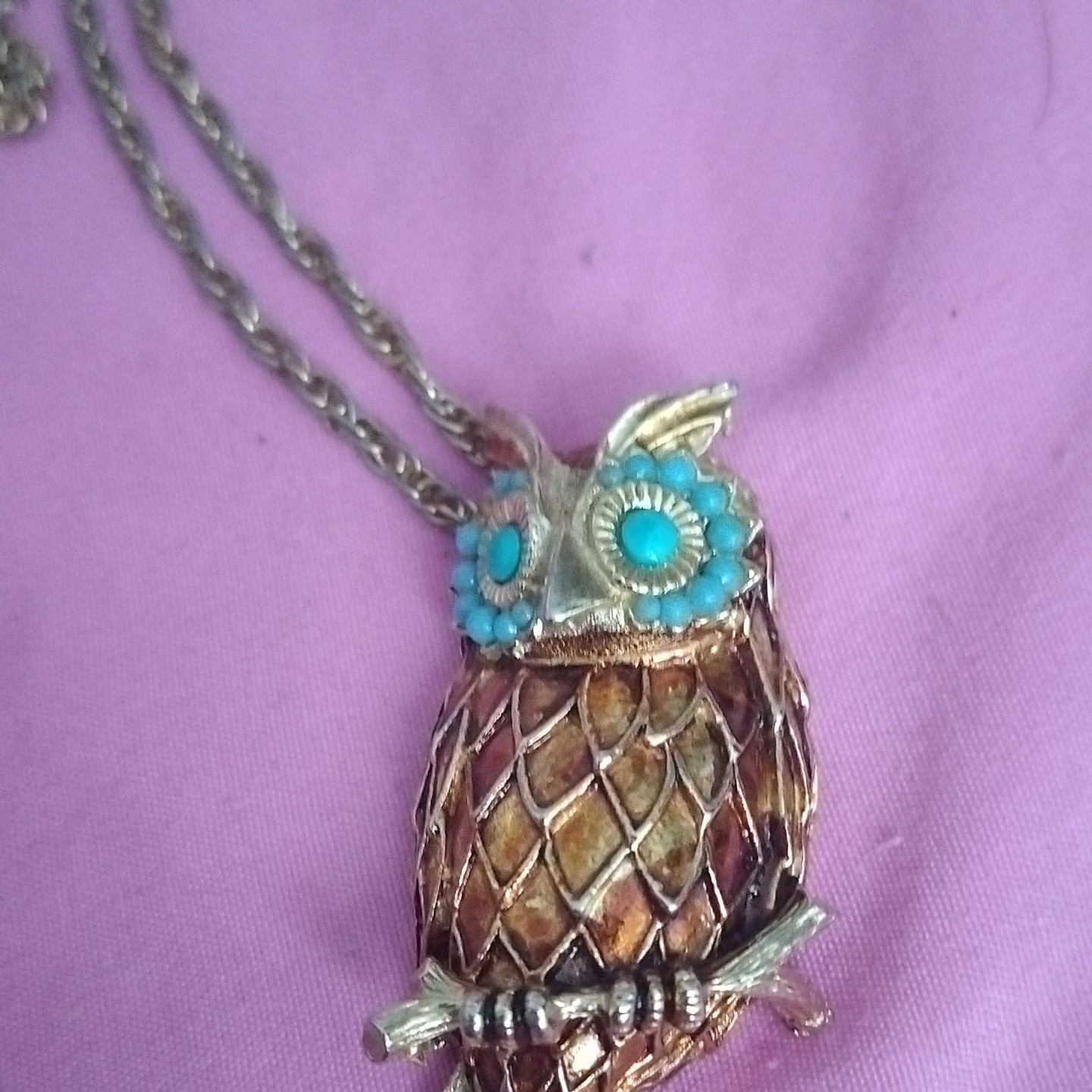 Silver Tone Metal Rope Chain Necklace Owl Charm Pendant Turquoise Accents