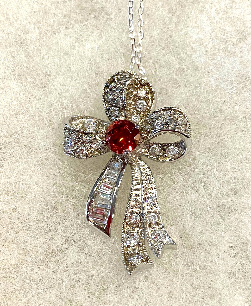 Sterling Silver Pave CZ Bow Pendant on 18 In. Cable Chain – 7.0 Grams