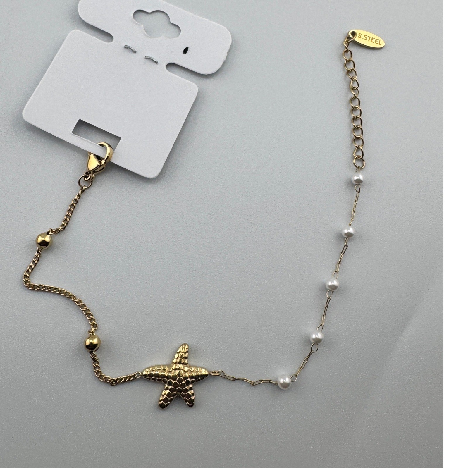 14k Gold Plated Stainless Steel Starfish Pearl Bracelet Beach Coastal Jewelry