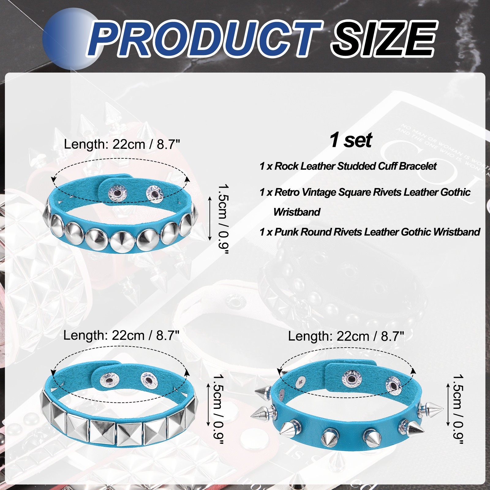 3Pcs Punk Studded Bracelet Set 8.7″/22cm Adjustable Bracelets Light Blue