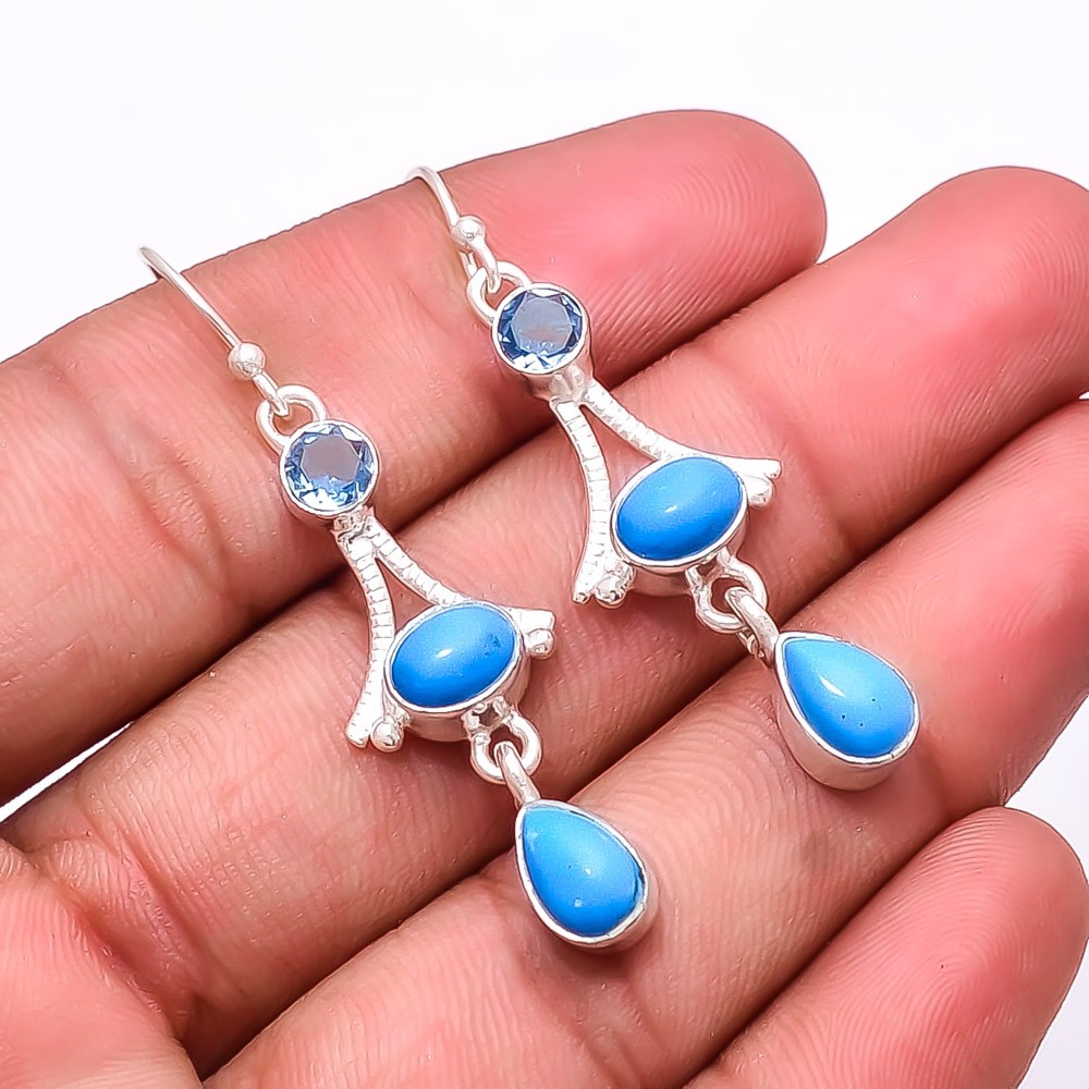 Sleeping Beauty Turquoise Multi Collet 925 Sterling Silver Earring 2.03″ E30