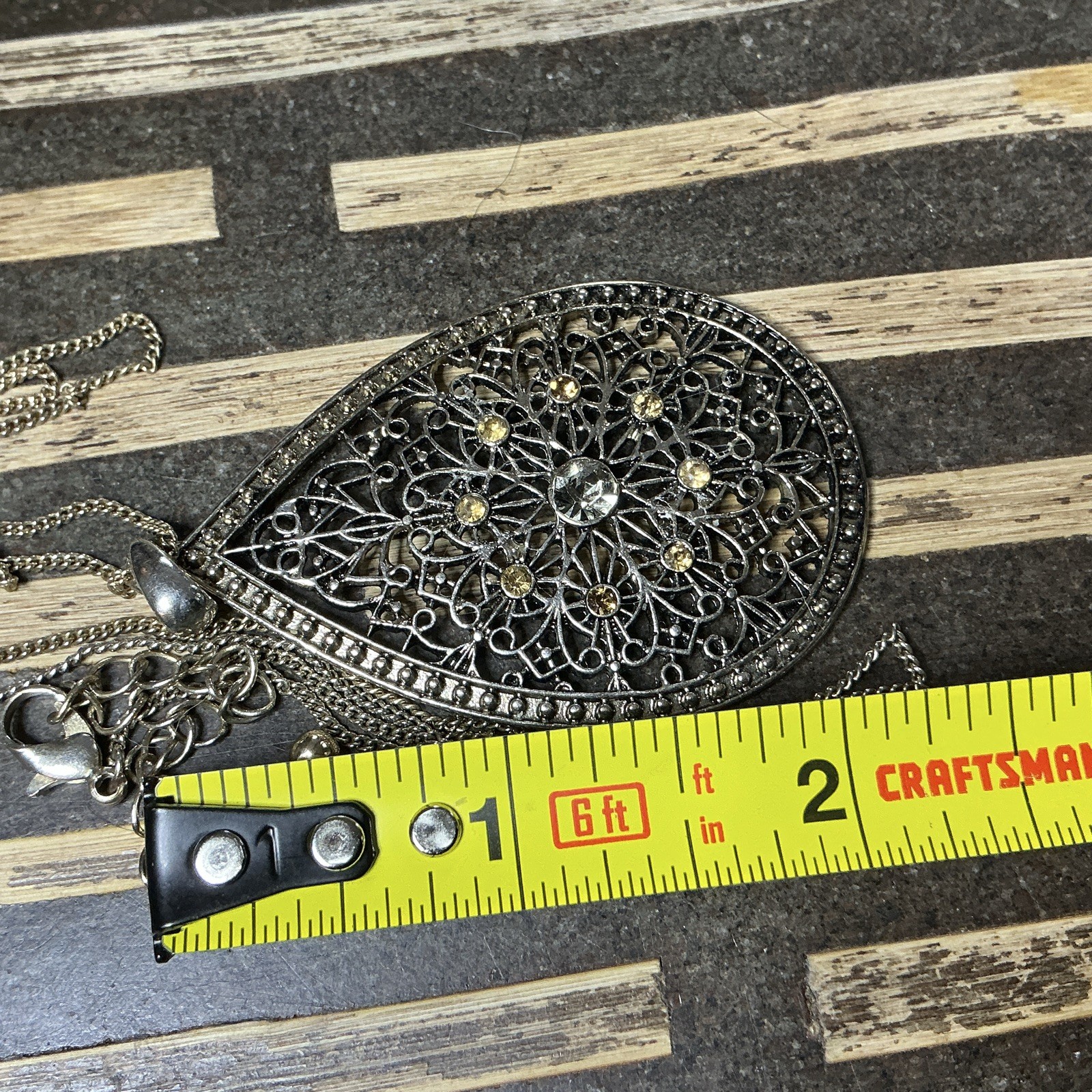 Silver Tone Teardrop Filigree Floral Crystal Pendant Snake Chain Necklace