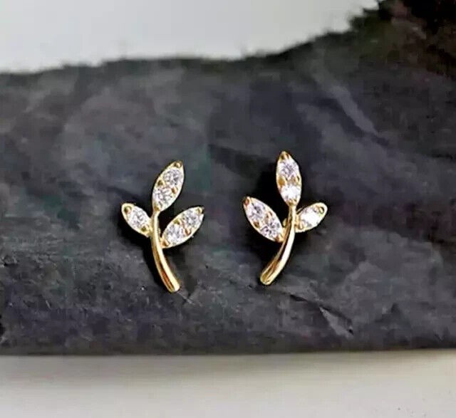 1Ct Round Cut Simulated Diamond Leaf Women’s Stud Earring 14K Yellow Gold Plated