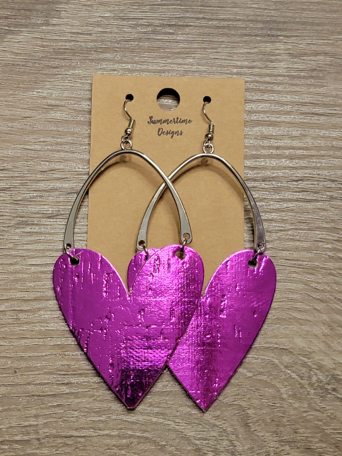 GENUINE Leather Backed Cork Heart Earrings Metallic Hot Pink Magenta 4″