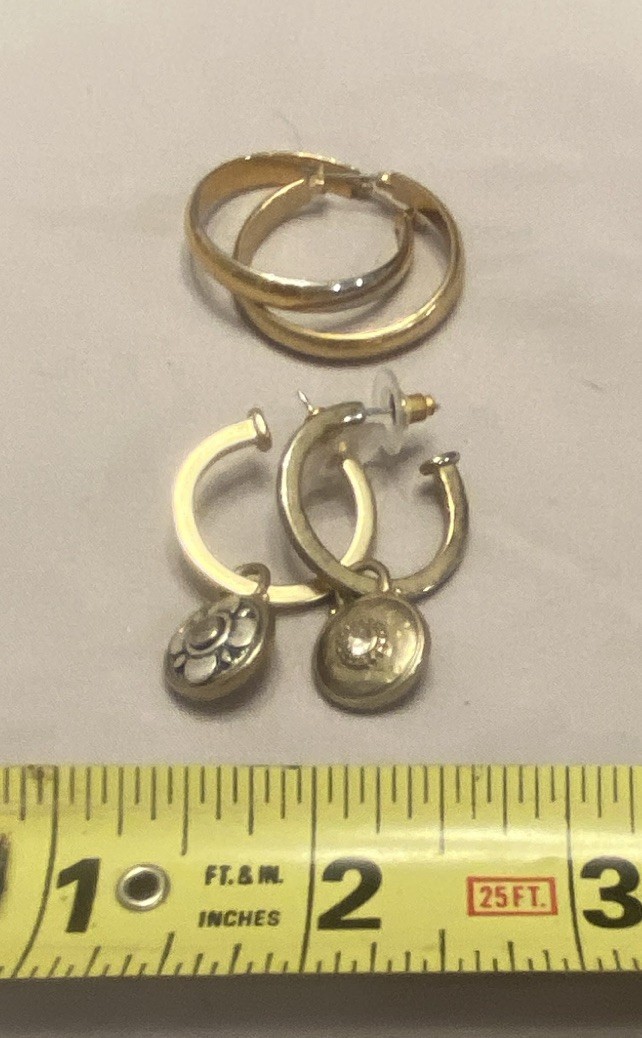 Gold Tone Round Hoop Dangle Charm Latch Back Earrings 1 in Dia 2 in Lot of 2