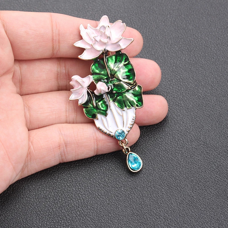 Vintage Enamel Water Lily Brooch Pink Lotus Flower Pin with Crystal Drop Jewelry