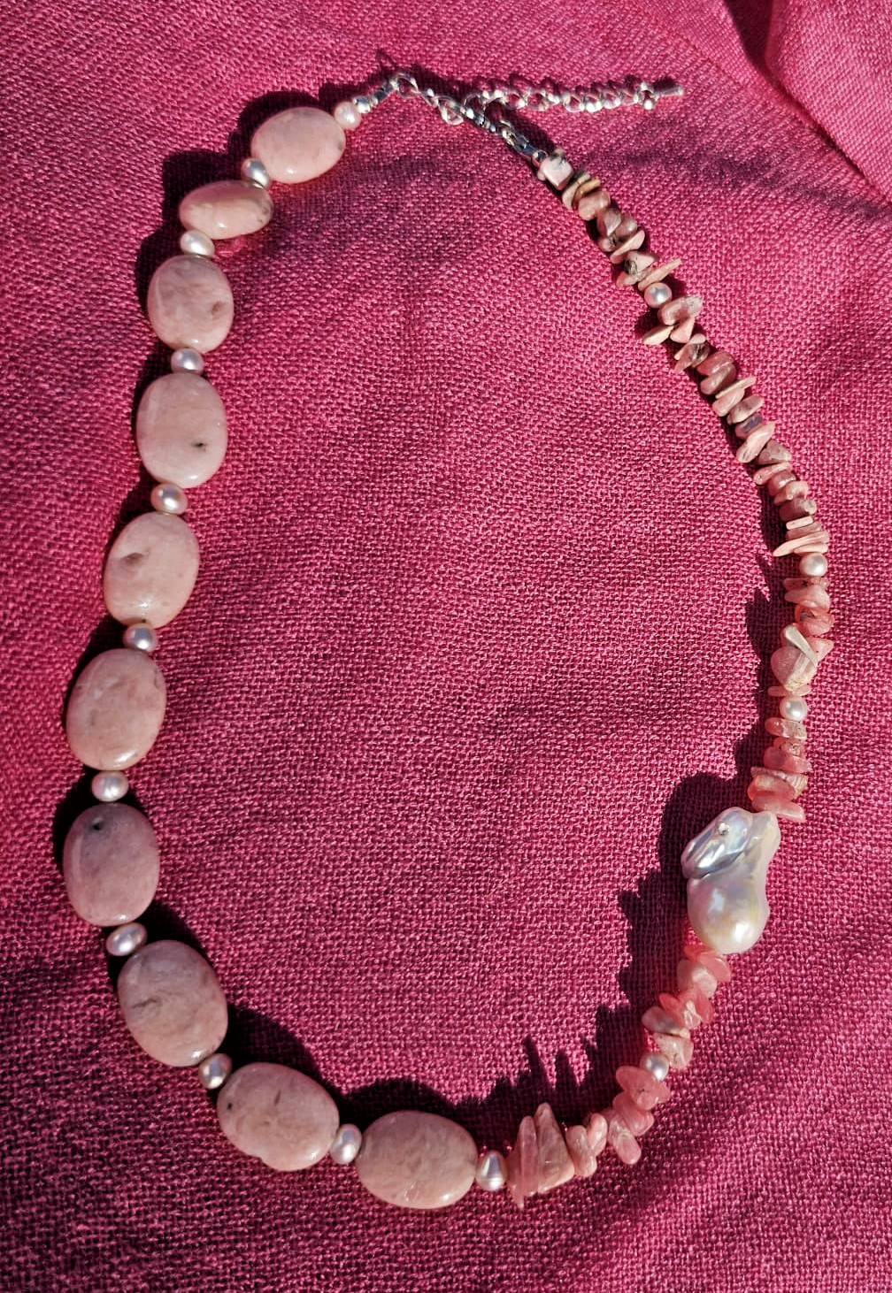 Baroque Pearl, Rose Opal, and Rhodochrosite Beaded Necklace, 20.5 in