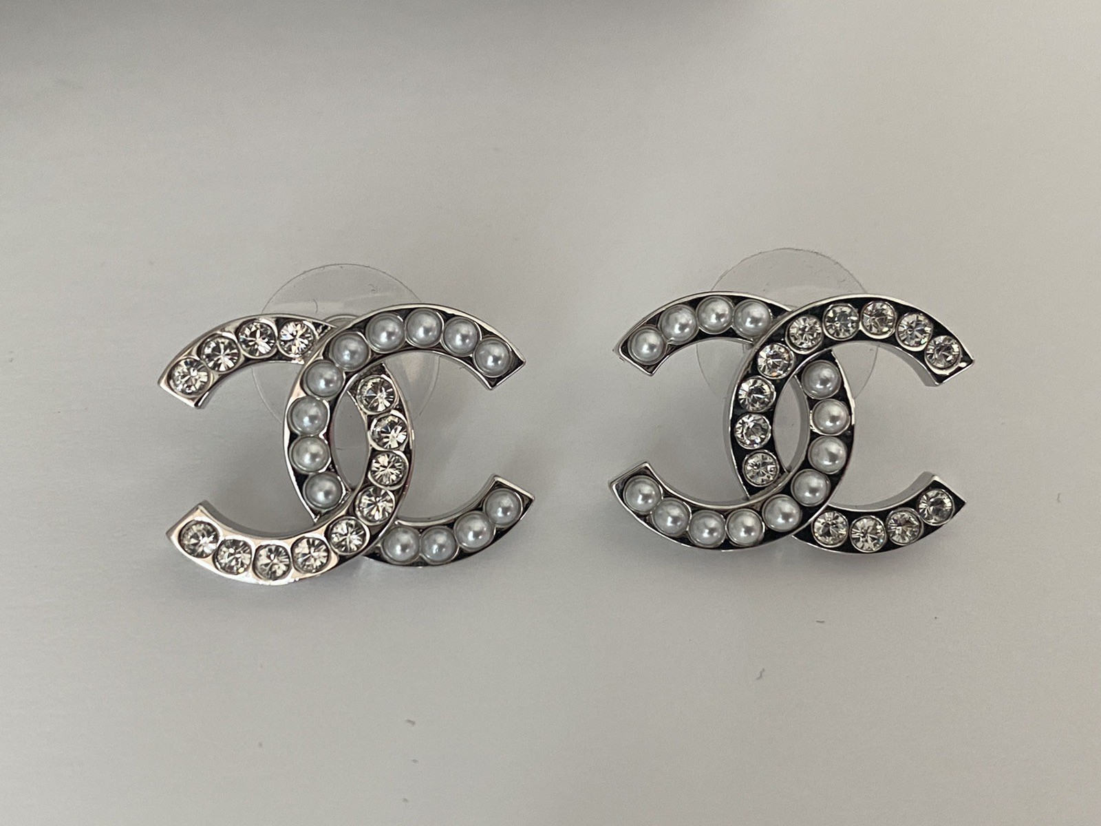 Authentic Chanel Silver Tone Crystal Stud Earrings Medium Size