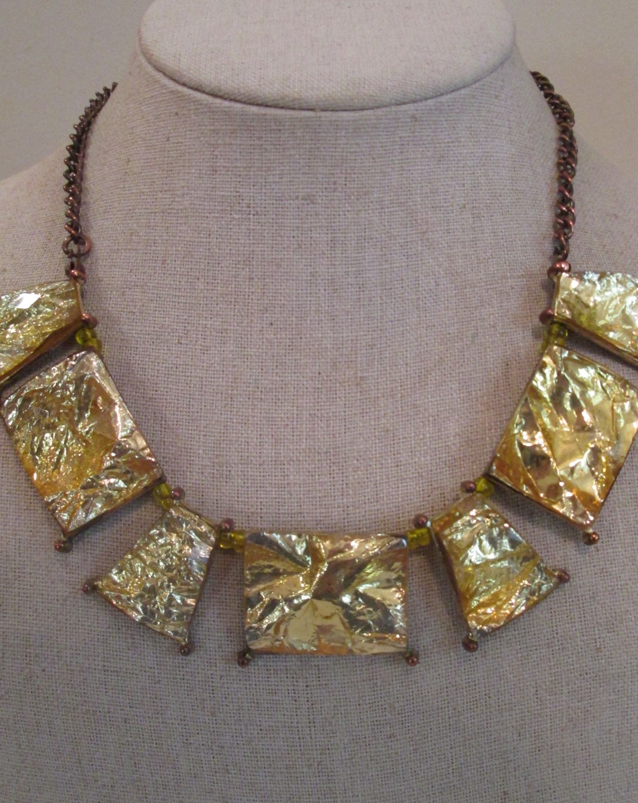 Gold Tone Woman Abstract GOLD Foil Art Fashion Bib Necklace Jewelry