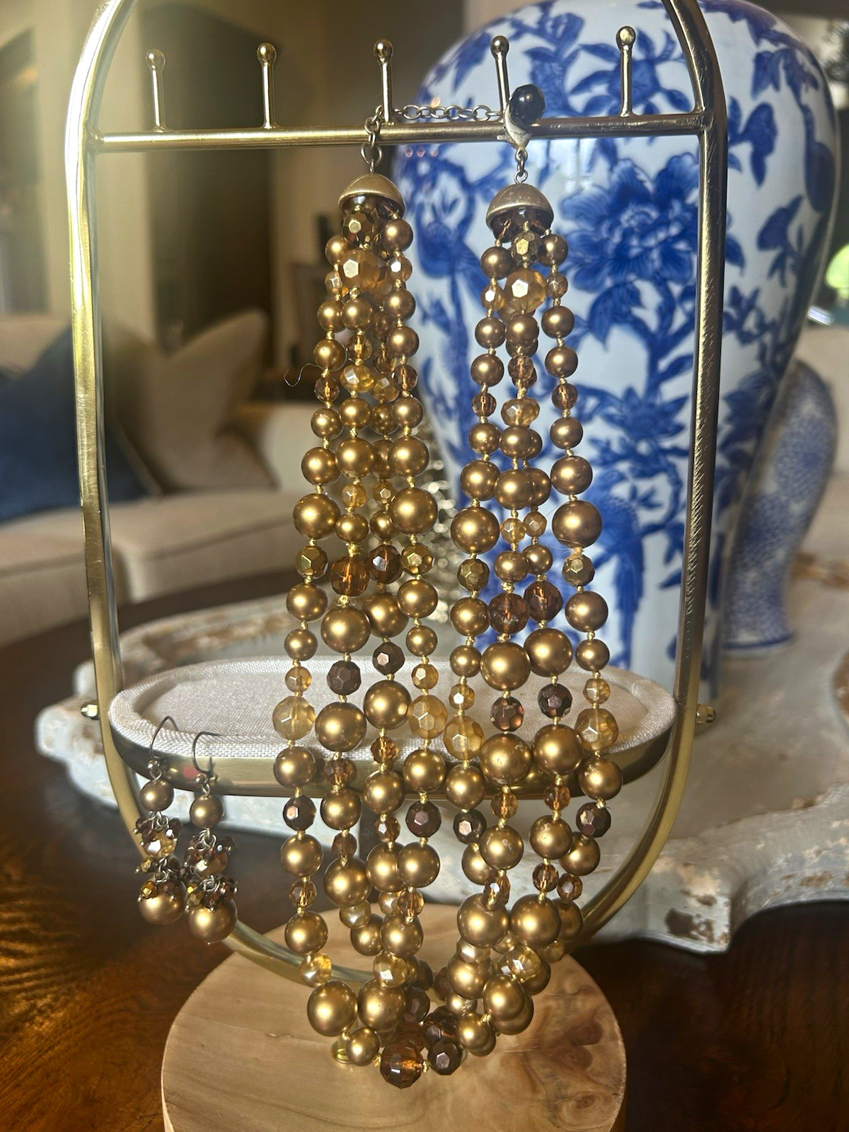 Ann TaylorGold Tone Metal Beaded Necklace & Matching Dangle Earrings Jewelry Set