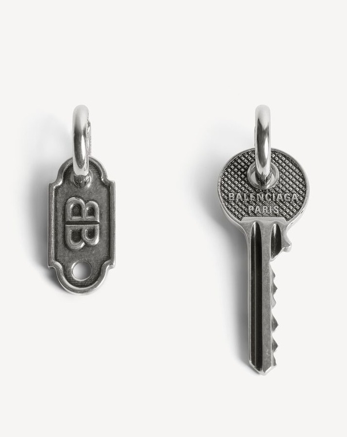 Balenciaga Asymmetric Key BB Logo Hoop Drop Earrings Silver Tone