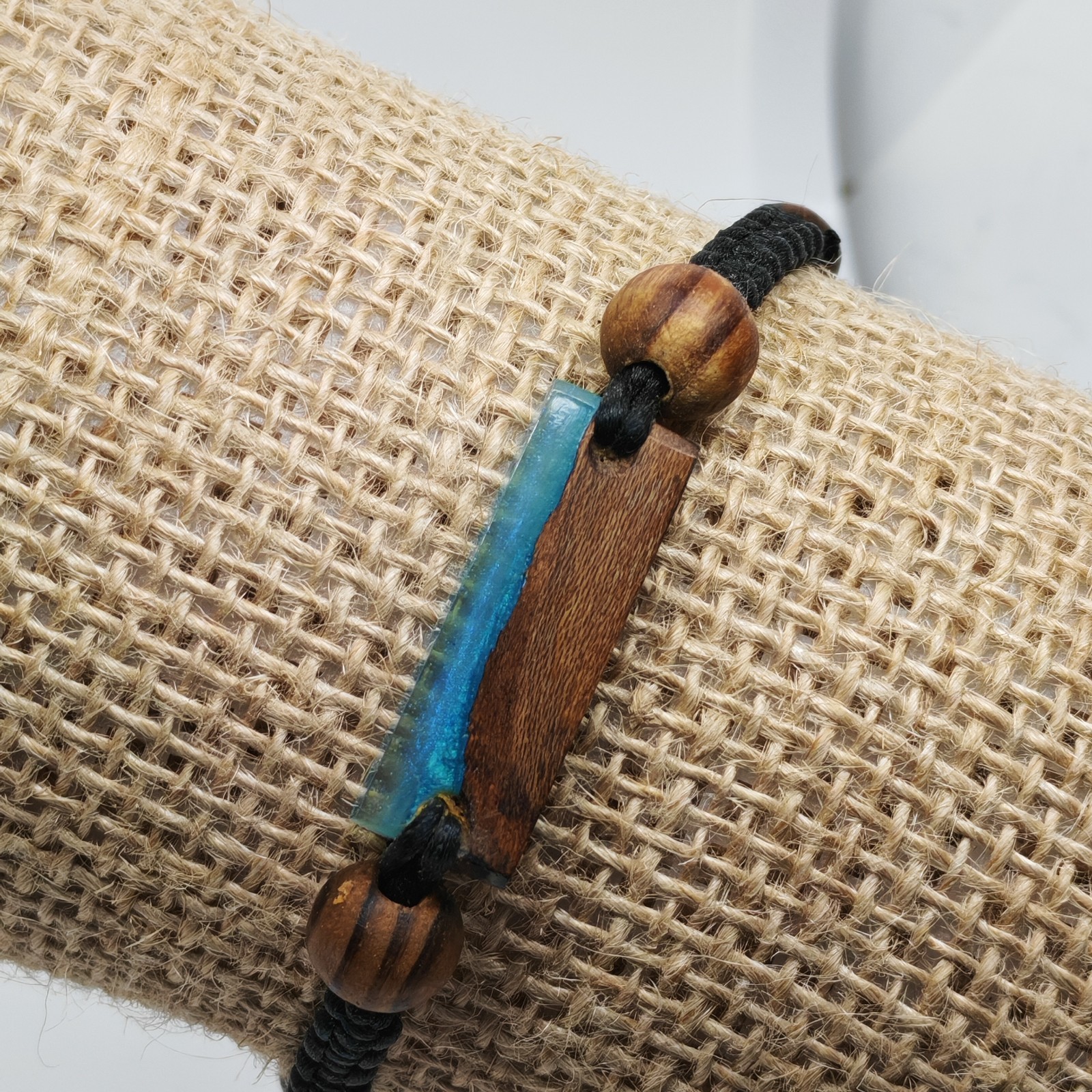 Handmade Wood & Transparent Resin Bracelet – Wooden Beads – Adjustable Strap