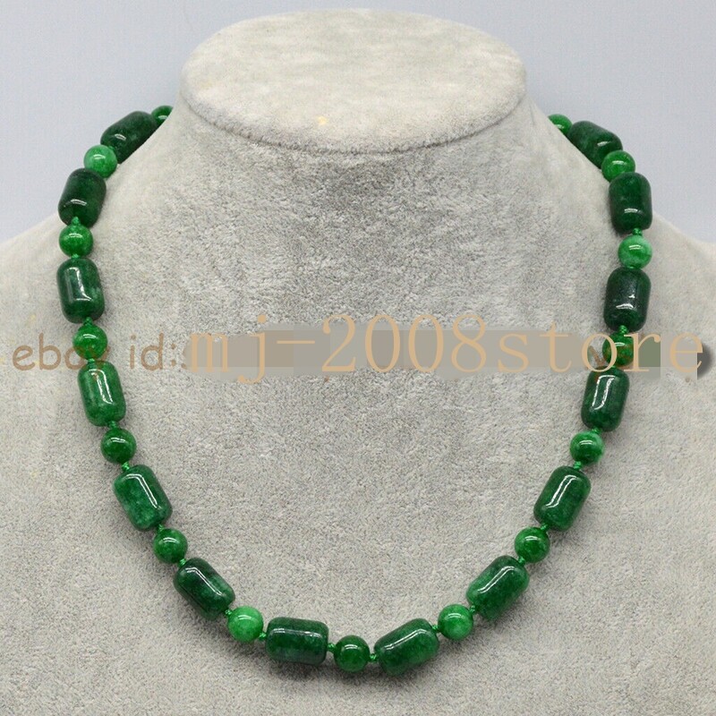 9x11mm Cylinder & 6mm Round Natural Green Emerald Gemstone Beads Necklace 18”