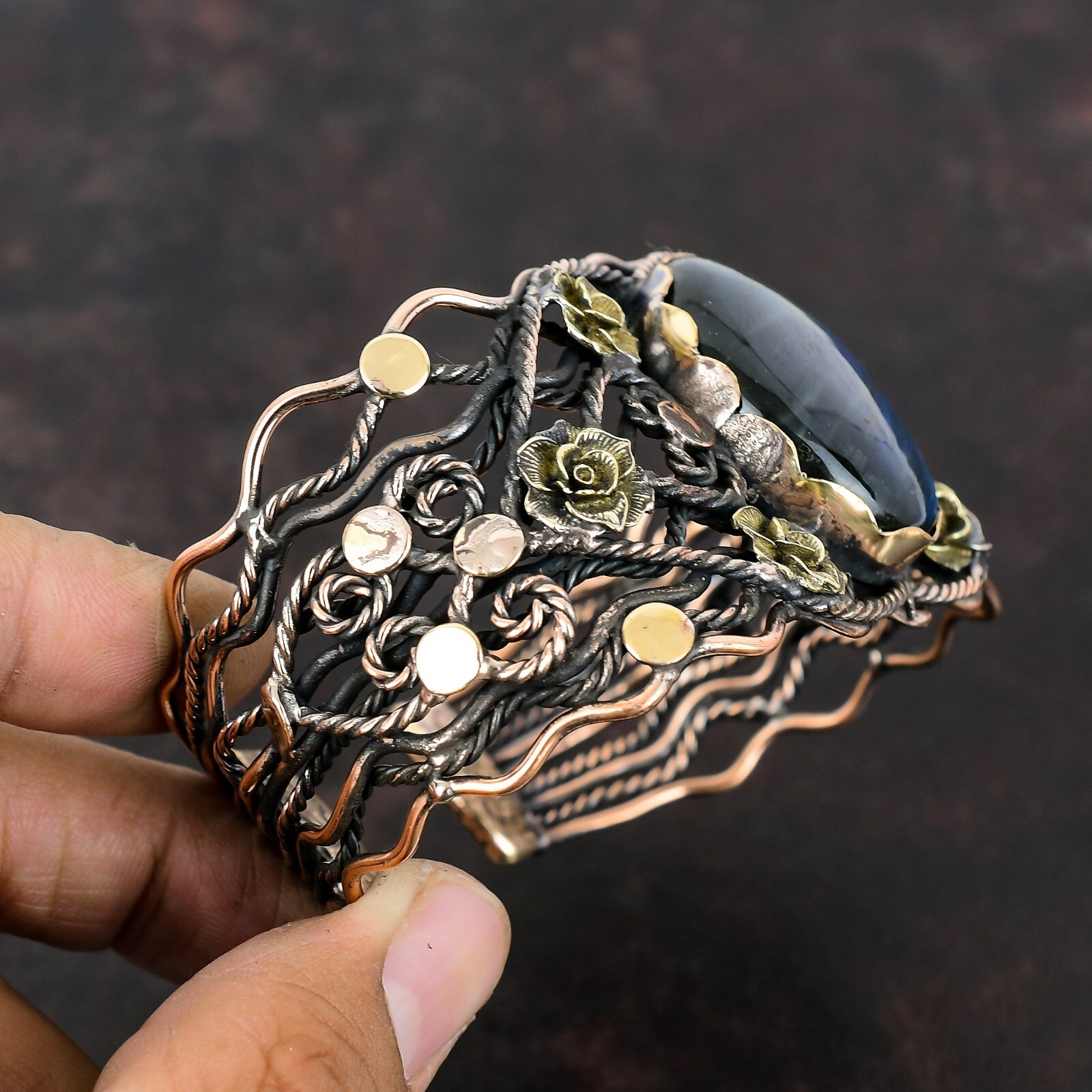 Labradorite Wire Wrapped Flower Adjustable Bangle Handcrafted Copper Partywear