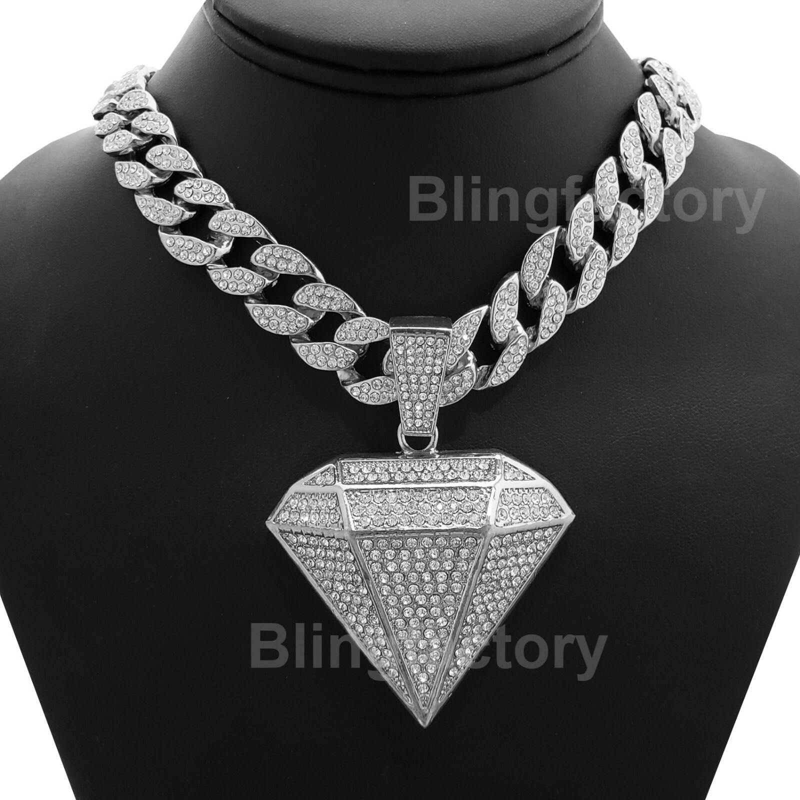Silver Plated Alloy Iced Diamond Shape & 18″ Cubic Zirconia Cuban Chain Necklace
