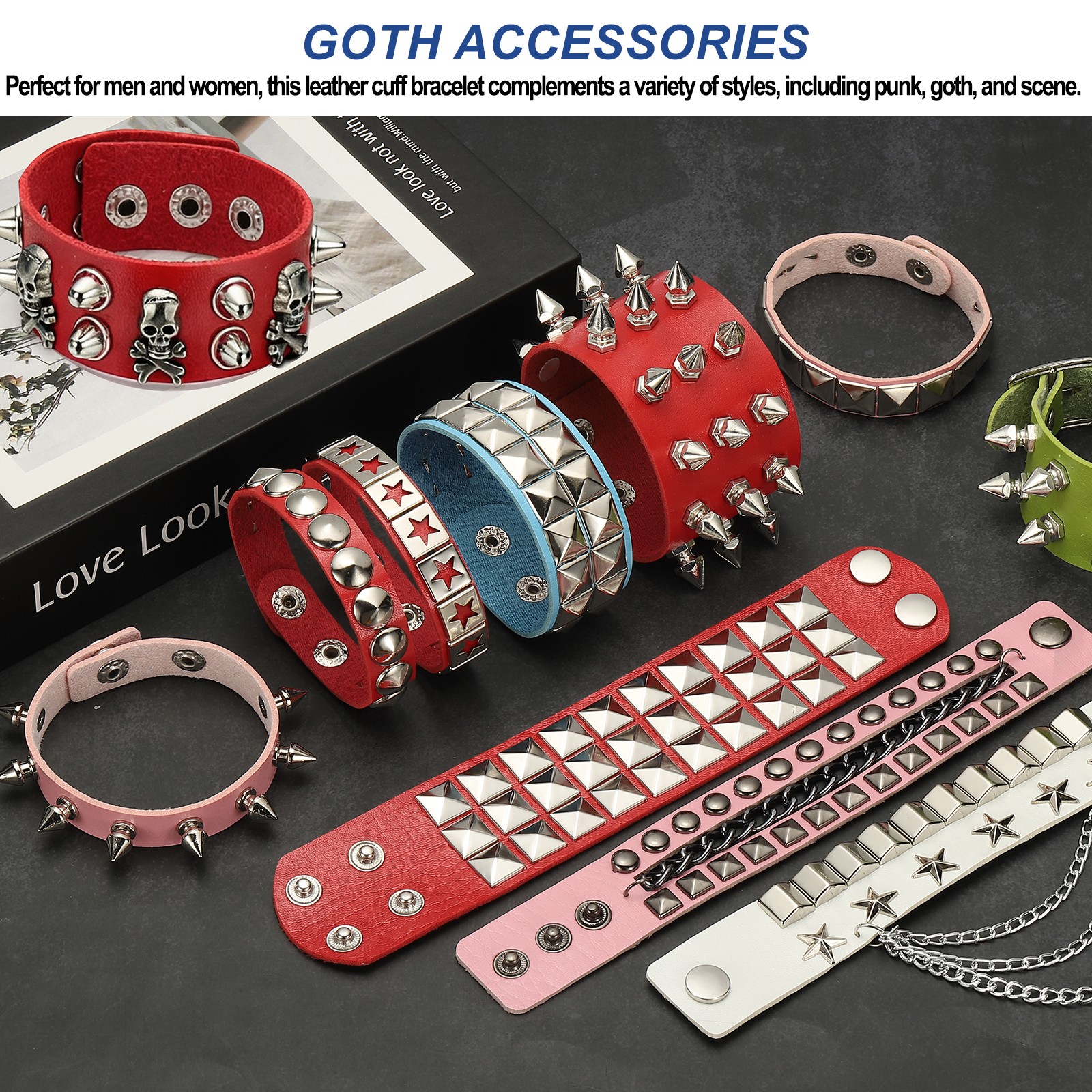 3Pcs Punk Studded Bracelet Set 8.7″/22cm Adjustable Bracelets Light Blue