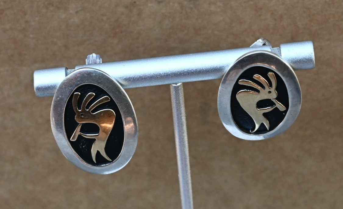 M.M Rogers Native American 14k Gold & Sterling Silver Earrings 9.8 grams 1 1/8″