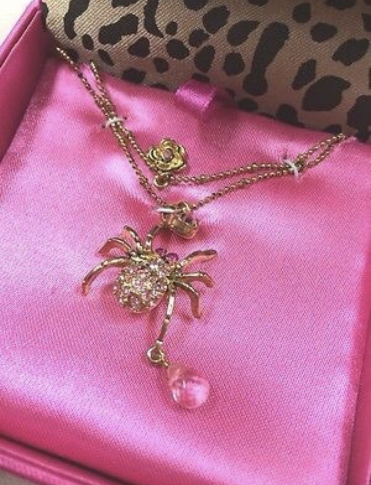 Gold Tone Spider Charm Pendant Necklace Clear Crystal Rhinestone Adjustable