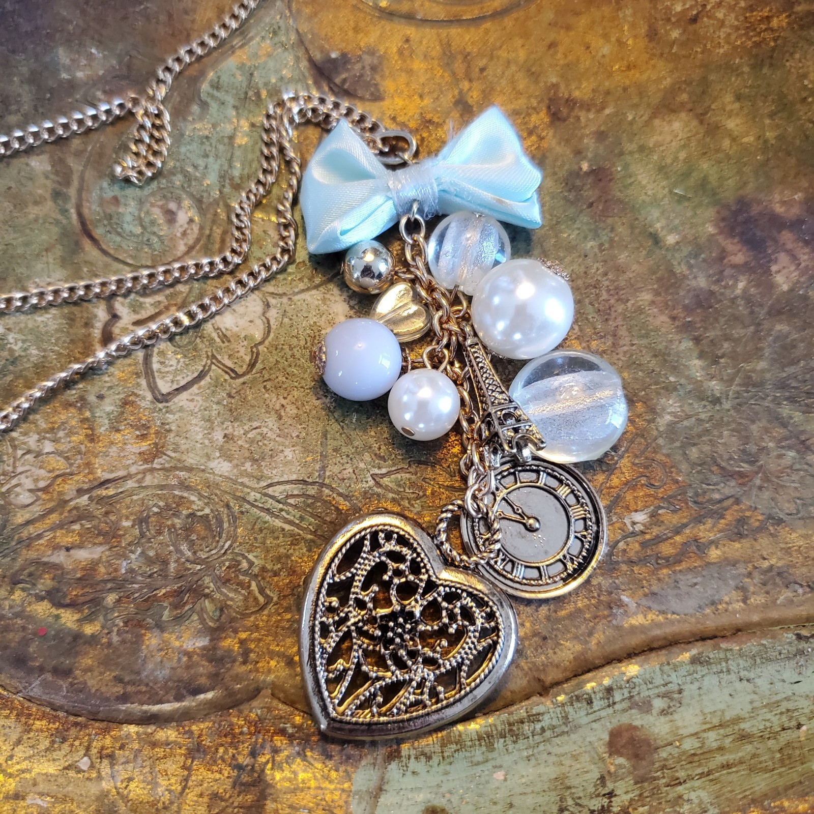 Paris Icons Long Necklace Goldtone – Musee d’Orsay Clock & Eiffel Tower – Heart