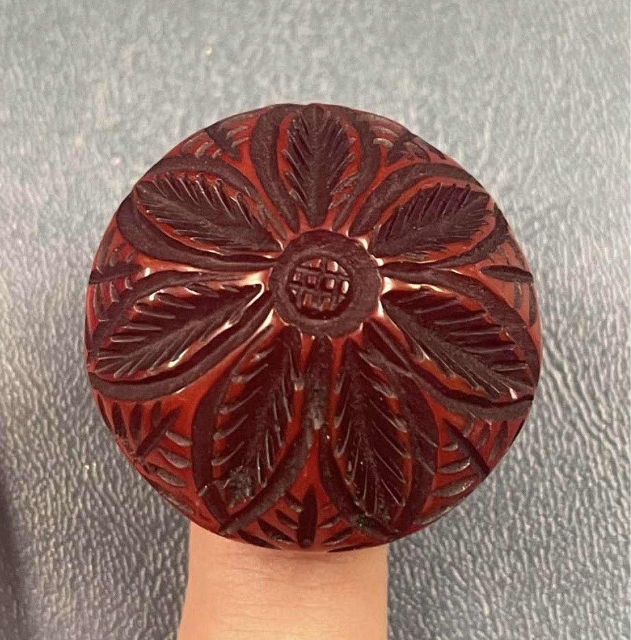 Hotcakes Design Signed Red Carved Floral Dome Cocktail Ring Resin Plastic Sz 7
