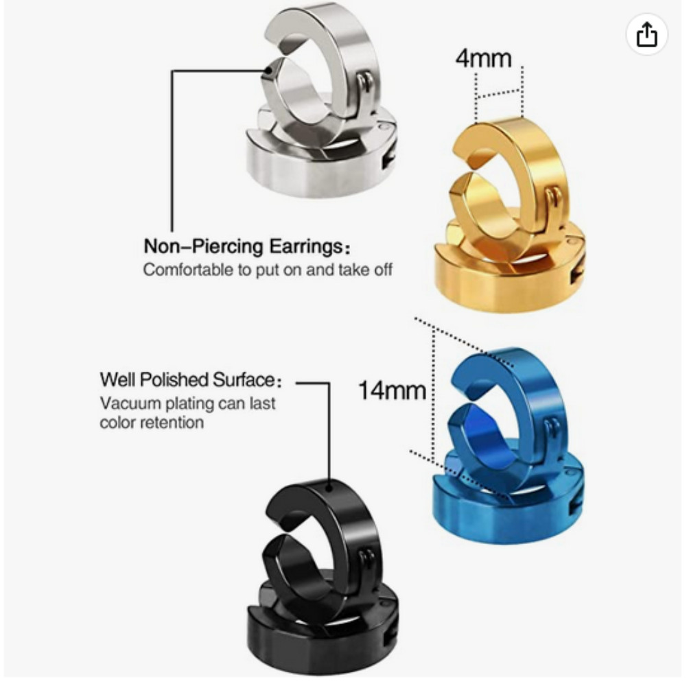 1 Pair Stainless Steel Ear Cuff Non-Piercing Clip On Hoop Earrings for Men Women