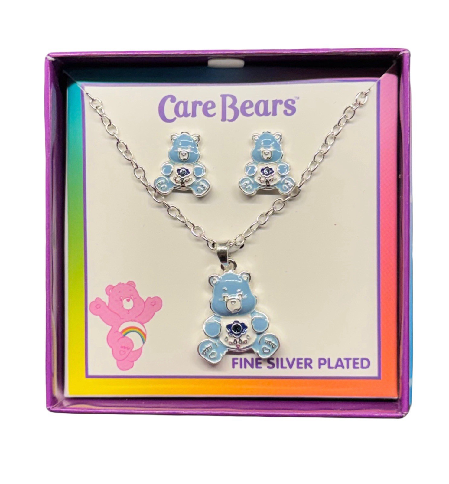 CARE BEARS GRUMPY BEAR FINE SILVER PLATED ENAMEL EARRINGS & NECKLACE 2pc SET NEW