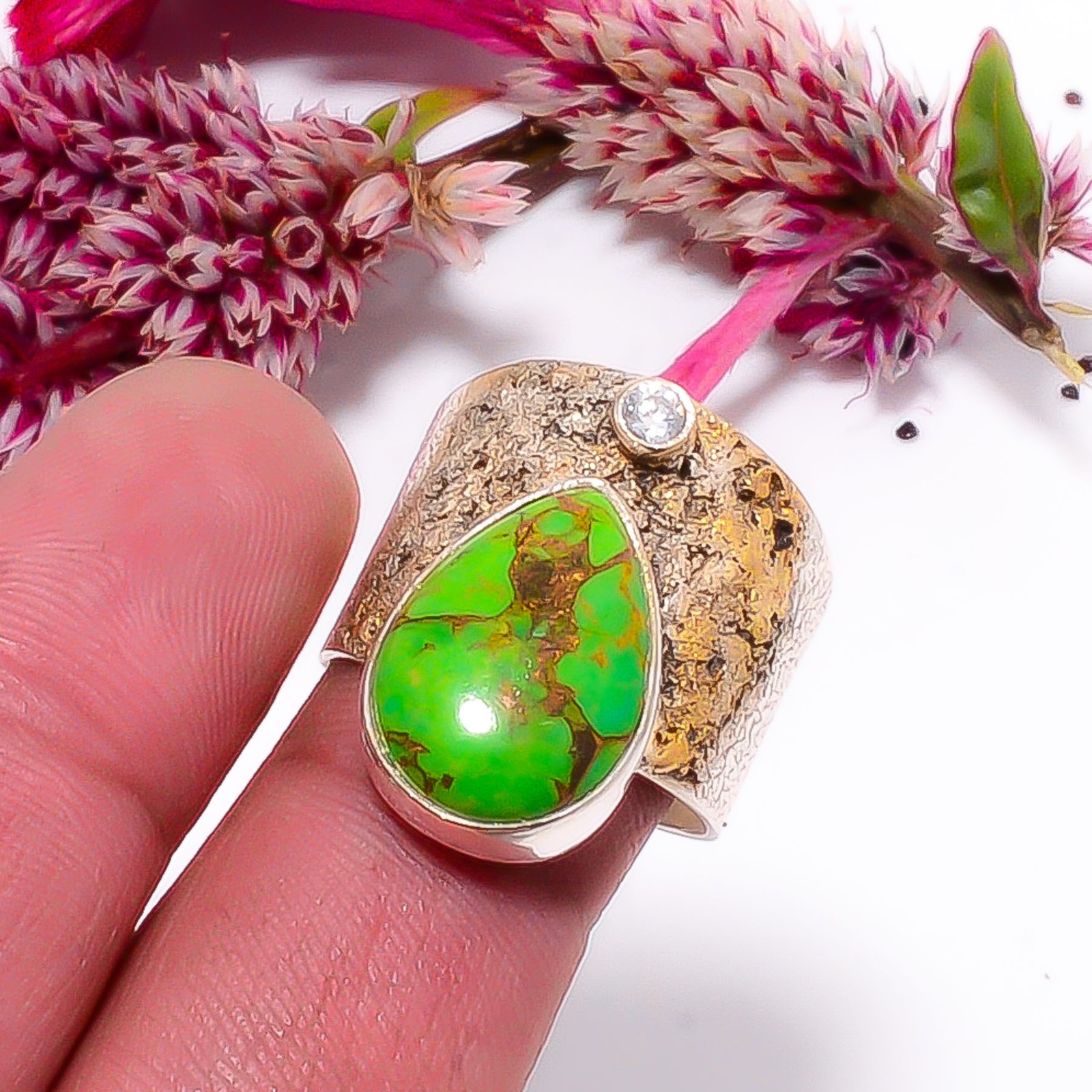 Copper Green Turquoise & White Topaz Two Tone 925 Sterling Silver Ring s.9 Sku30