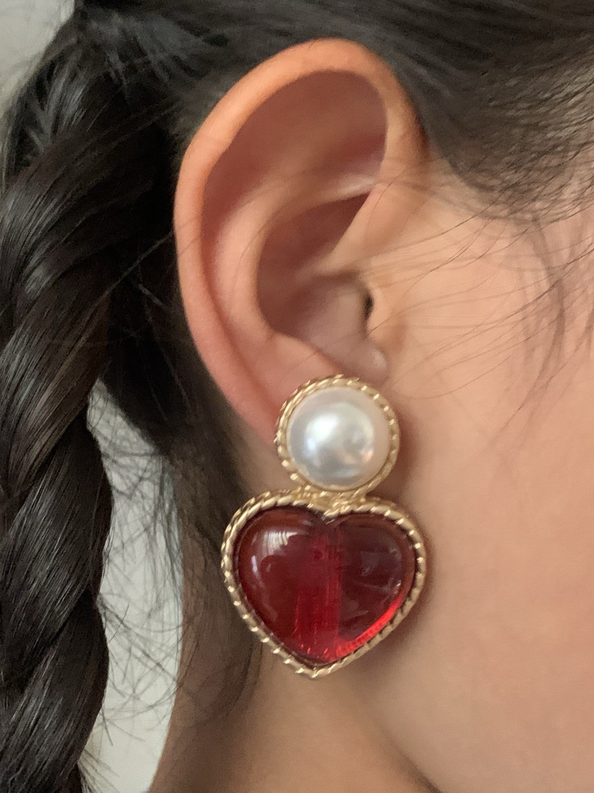 French Gripoix Style Heart Clip On Earrings Pearl Red glass heart Gold Tone
